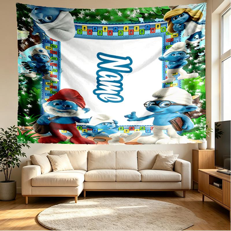 Custom Name Personalized Blue Smurfs Print Tapestry, Wall Art Decor, Bedroom, Dorm, Apartment, LivingRoom, Party Backdrop, Gift for Birthday
