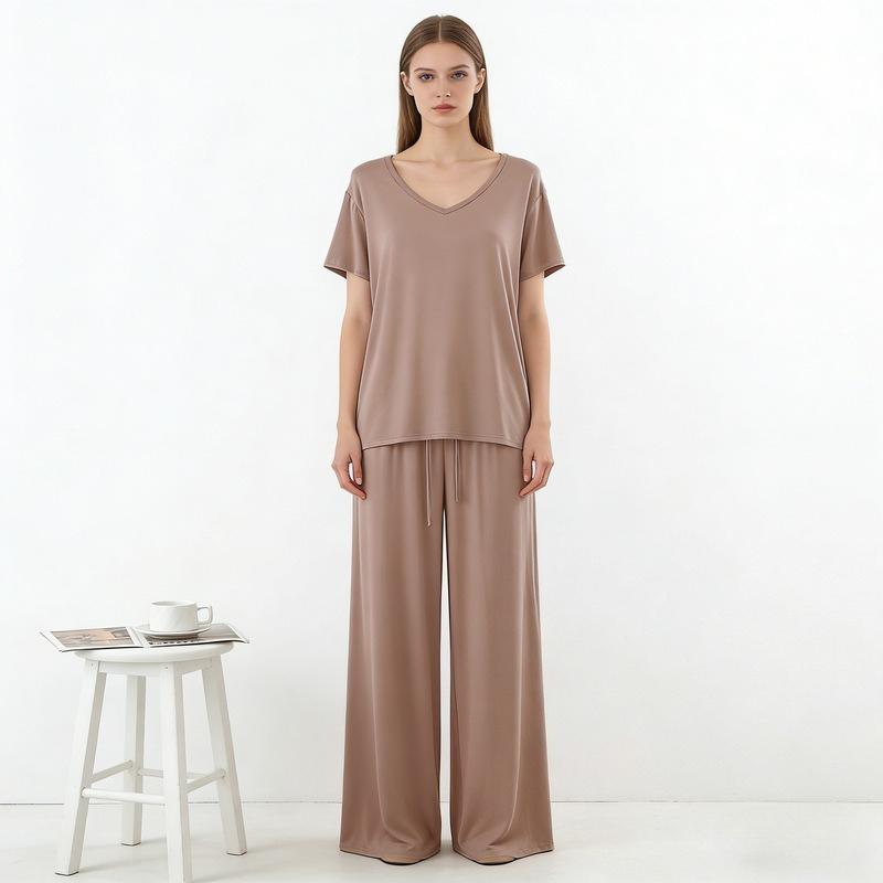 Modal Homewear 2pcs Pajamas Set Short Sleeve Tops and Trousers Solid Color Casual Loose Sleepwear Suit Plus Size Nightwear