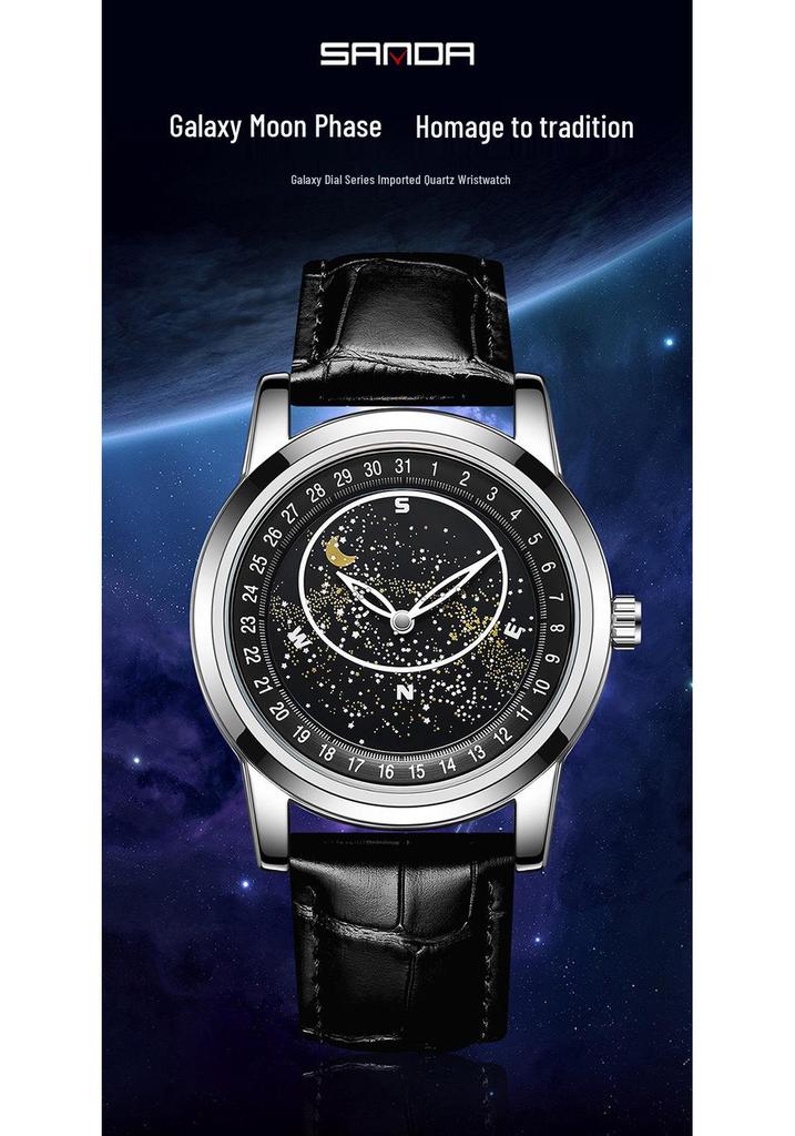 Sanda 7002 Men's Luminous Quartz Watch with Leather Strap & Rotating Starry Sky Dial