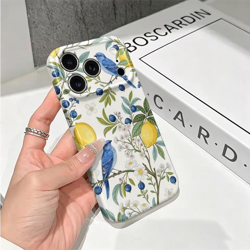 Botanical Blue Bird Lemon Blueberry Floral Art Film Aesthetic Protective Shockproof Bumper Phone Case Cover For iPhone 14 15 16 17 Pro Max Plus
