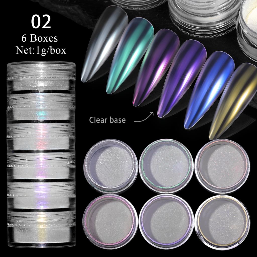 6Box/Set Aurora Pearl White Nails Powder Shell Mirror Pigment Chrome Effect Rubbing Dust Gel Polish DIY Nail Manicure Decoration
