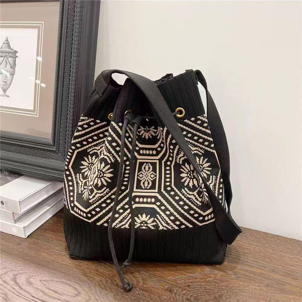 Korean Style Knit Shoulder Bag with Drawstring & Magnetic Snap - Versatile, Large Capacity Tote for Women