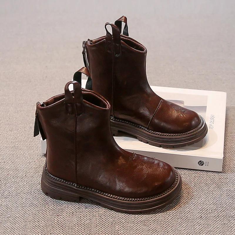 New Children Leather Boots Spring Autumn Girls Ankle Boots Thick Bottom Non-slip Kids Causal Fashion Boots Round-toe Versatile