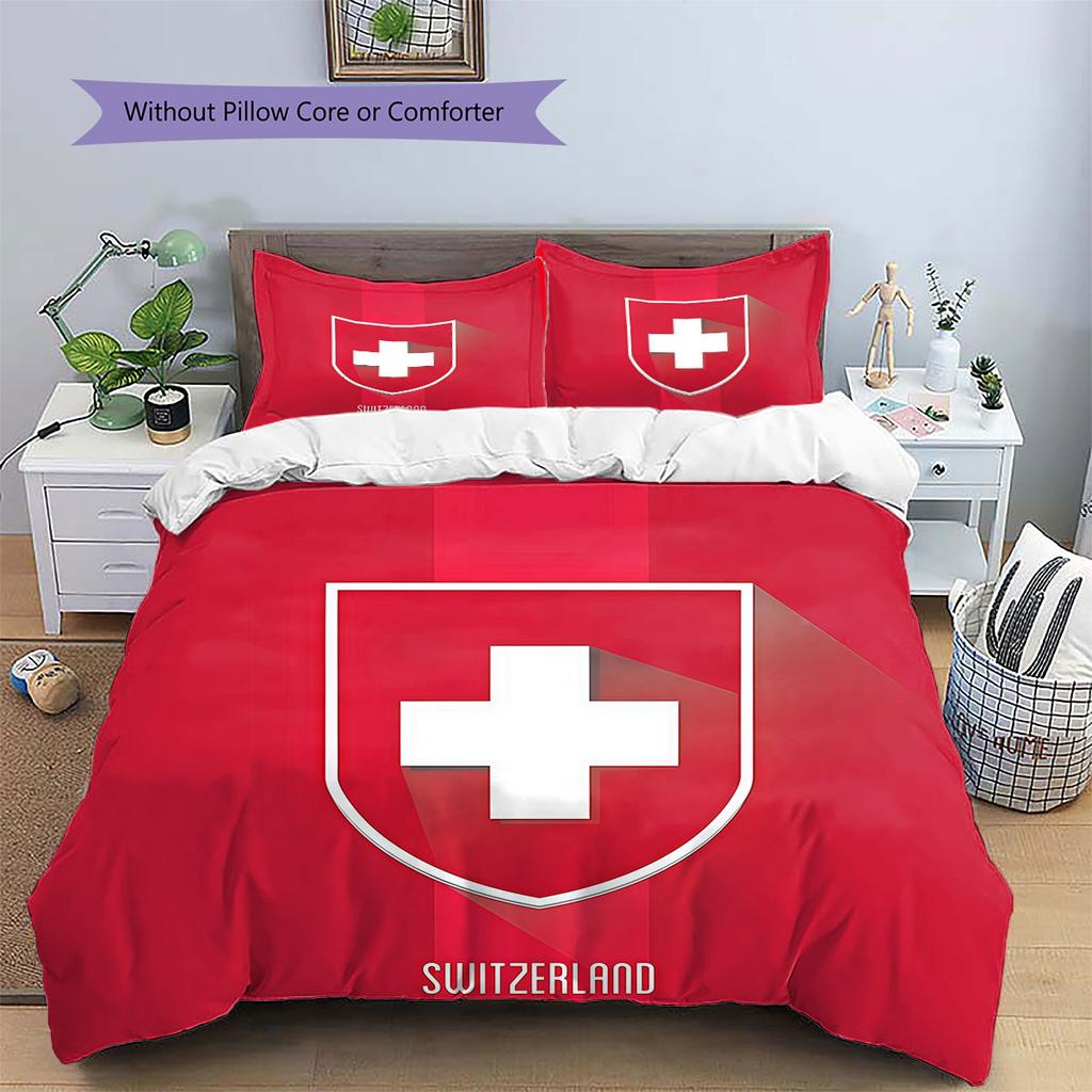 Schweiz Fußball Nationalmuster Bettwäsche Heimdekoration Geburtstagsgeschenk (1 Bettbezug + 2 Kissenbezüge, ohne Füllung),Fanartikel.