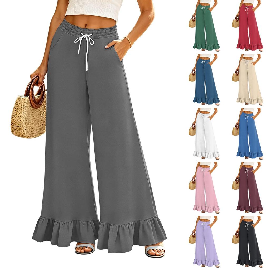 Women's High Waist Wide Leg Pants with Drawstring Waist and Pockets Loose Fit Casual Full Length Trousers with Ruffle Hem