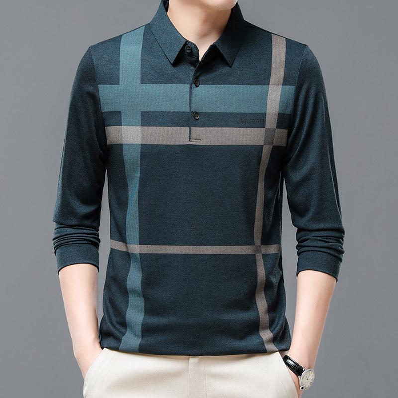 Men's Casual Striped Polo Shirt Polyester Blend, Slight Stretch, Long Sleeve, Regular Fit Knit Polo for Business & Leisure, Spring/Fall Season