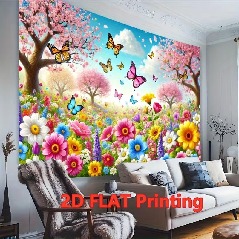 2D Colorful Spring Backdrop, Peach Blossom Garden with Butterflies Photography Background for All Occasions