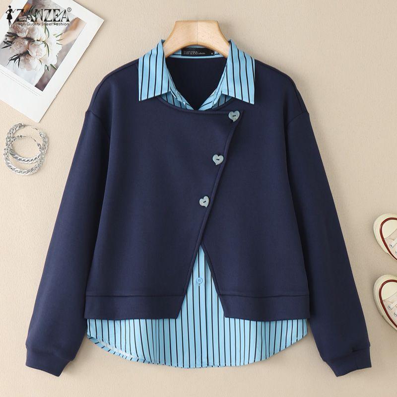 ZANZEA Women Patchwork Casual Turn Down Collar Long Sleeve Pullover Tops Autumn