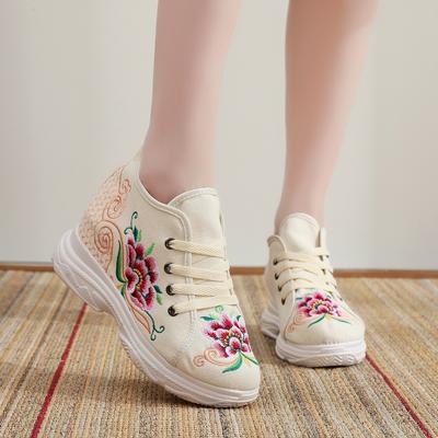 2025 New Ethnic Style Cloth Shoes Women's Canvas Embroidered Shoes Thick Sole Inner Height Increase Versatile Travel Sports Ancient Style Women's Sho