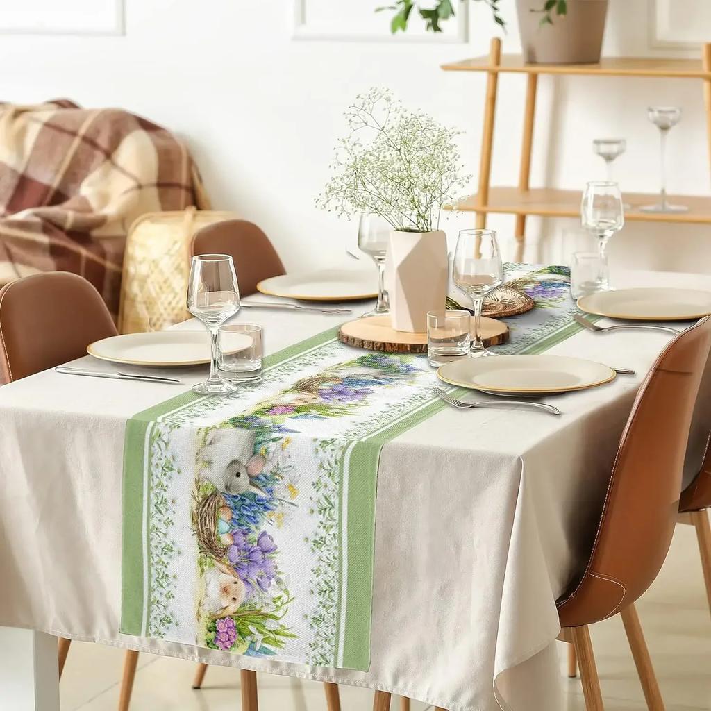 Easter Colorful Eggs Bunny Linen Table Runner Party Decor Spring Rabbit Flowers Green Table Runners Kitchen Dining Table Decor