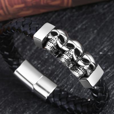 Bracelets & Joncs en Cuir Acier Inoxydable Double Couches Noir Cordelette Tressée Cuir de Vache Crâne Squelette Gothic Bijoux Homme 205mm