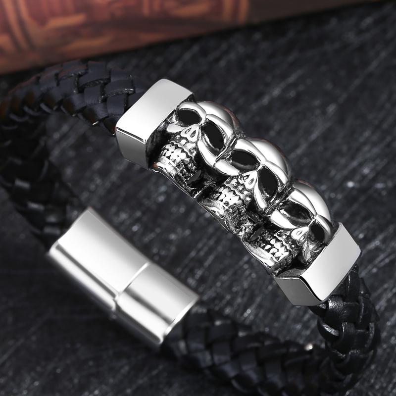 Men's Black Braided Leather Bracelet with Stainless Steel Skull Design Cool Wristband