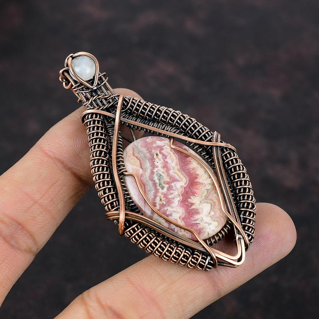 Rhodochrosite Pendant Rainbow Moonstone Pendant Copper Wire Wrapped Gemstone Pendant Copper Jewelry Gift For Her Handmade Wire Wrap Jewelry