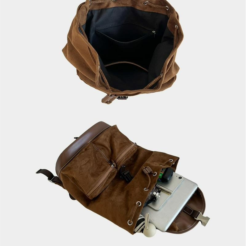 Korean Style Drawstring Flap Backpack Winter Vintage Suede Large Capacity Fashiable Shoulder Versatile Bag Bags for Travel