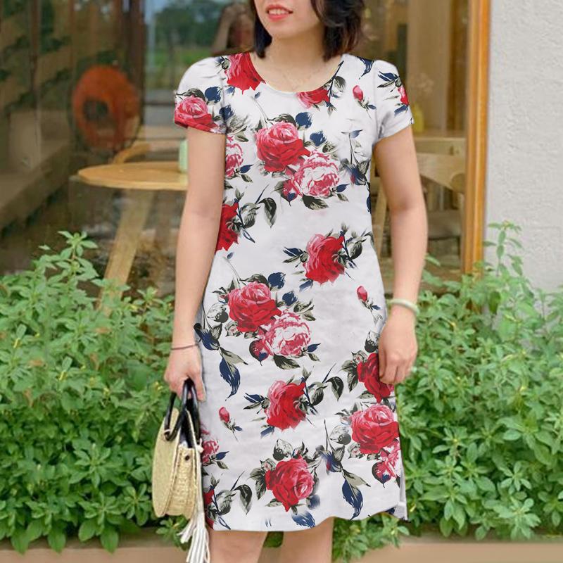 

Женское летнее платье с цветочным принтом ZANZEA с круглым вырезом и короткими рукавами 2XL белый