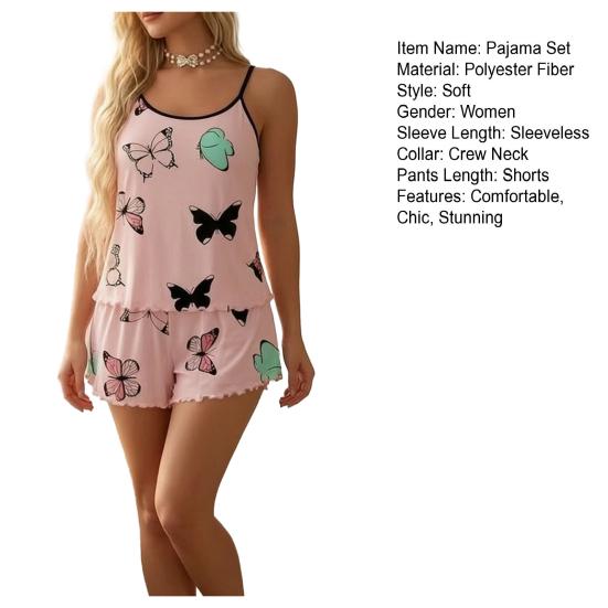 Women's Cami Pajama Sets, 2 Piece Sleeveless Tank Top And Shorts Pjs Sleepwear, Summer Butterfly Print Ruffle Trim Lounge Sets