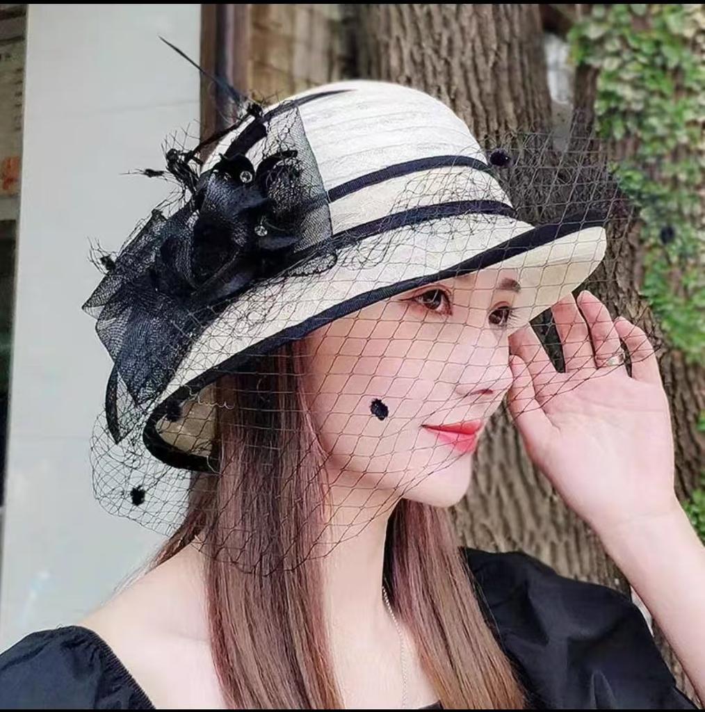 Summer hat women's curled edge elegant top hat face covering mesh sun protection sun hat retro fashion flower sun hat
