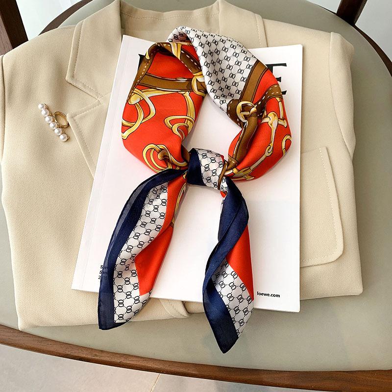 Spring and Summer New European and American Chain Imitation Silk Square Scarf for Women Fashion Simple Decorative Scarf Headband Small Scarf Tied Bag