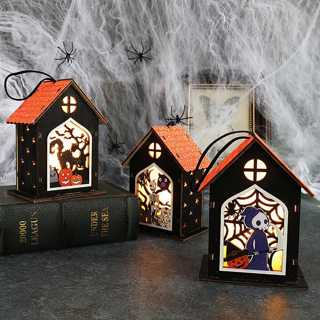 Halloween Glowing Skeleton Wooden House Hanging Ornament Party Decoration