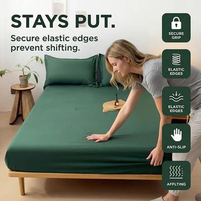 Cotton Fitted Bed Sheet with Elastic Band Solid Color Anti-slip Adjustable Mattress Cover for Single Double King Queen Bed