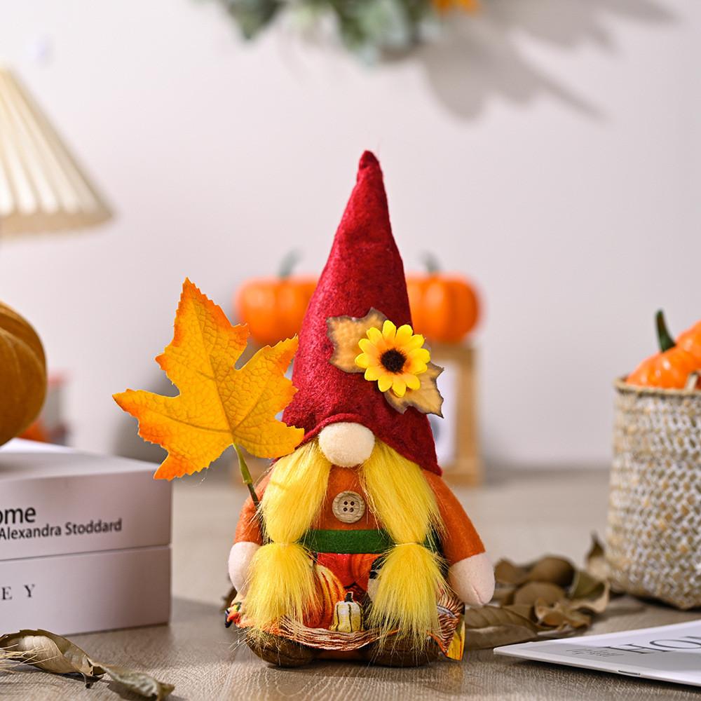 Plush Harvest Season Rudolf Gnome Figurine With Colorful Maple Leaf Hat And Floral Accents
