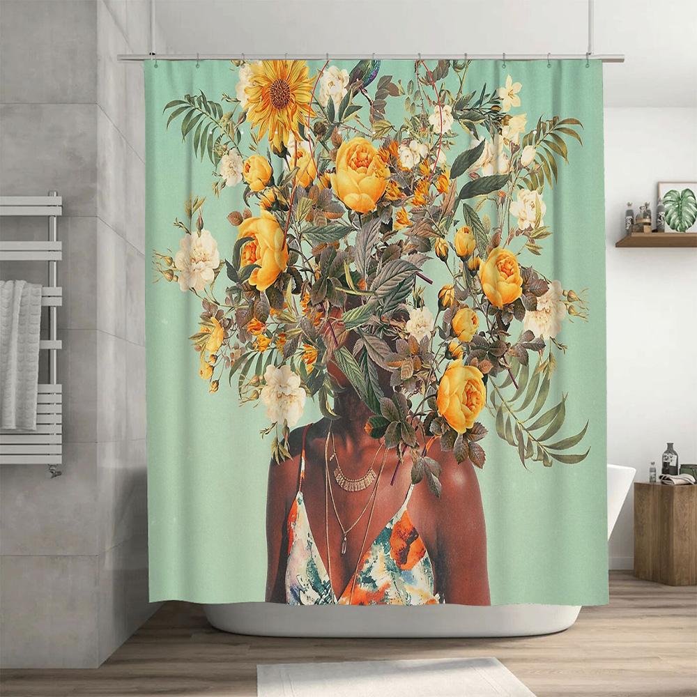 Blumen-Duschvorhang Botanisches Tropenblatt-Muster Wasserdichtes Gewebe Badezimmer-Dekoration Vintage Bauernhaus Ästhetik Zuhause