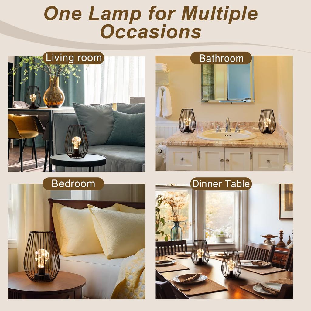 TRIROCKS Metal Cordless Table Lamp - 8-inch Tall Cage-Shaped Battery-Operated Lamp with Warm Fairy Light Bulb - Perfect for Indoor/Outdoor Use, Christ