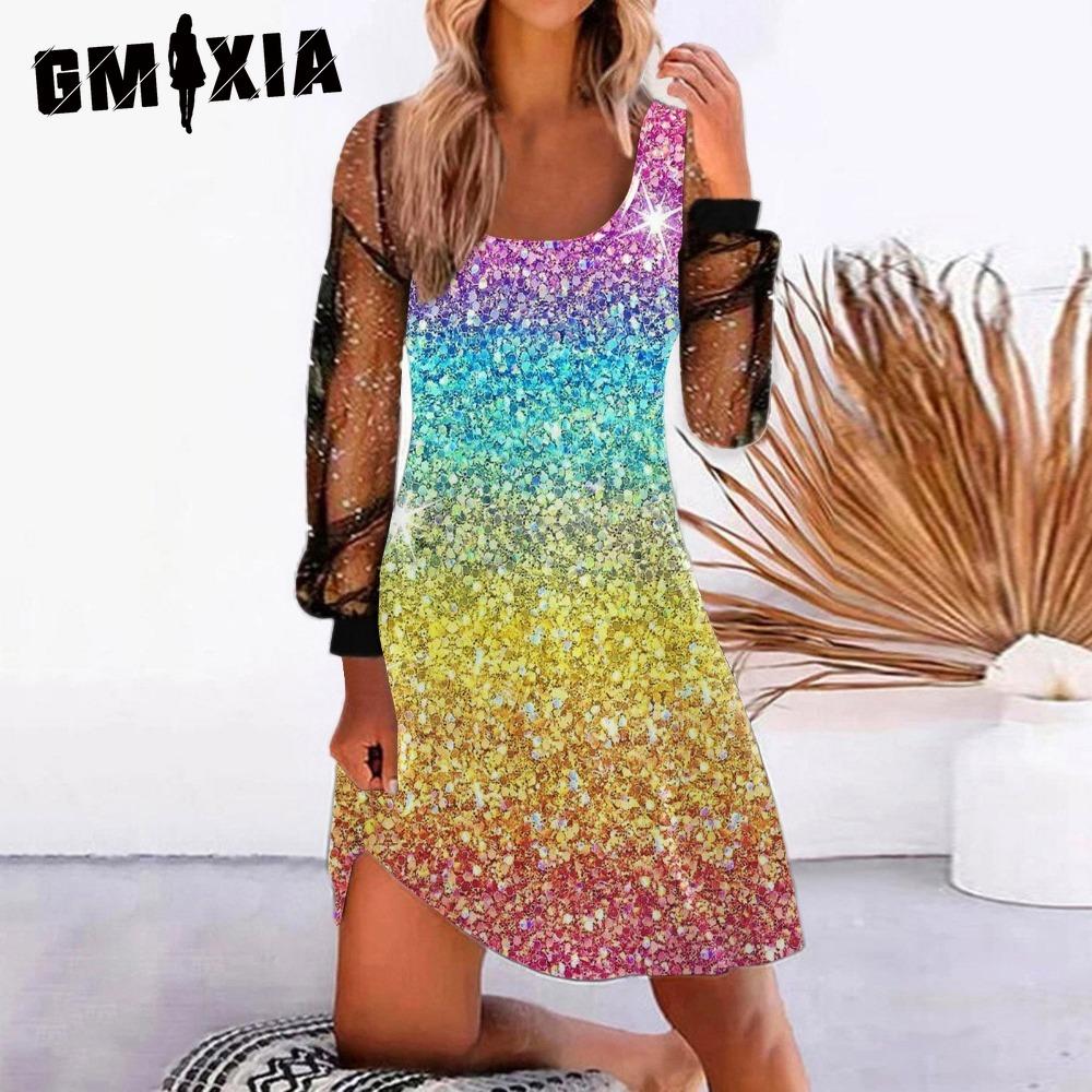 GMXIA Women's Fashion Spring Autumn Solid Color Print Long Sleeve U-Neck High Waist Casual Dresses