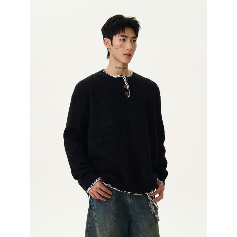 Kisko American Retro Lazy Casual Henry Collar Sweater for Men and Women Trendy Brand High-End Thick Knitwear for Couples