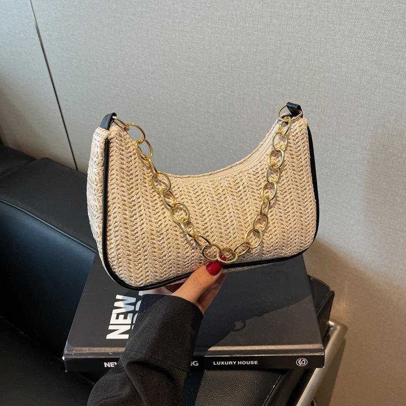 New Moon Bag New Spring Straw Bag Women's Fashion Casual Thick Chain Bag Personalized Shoulder Beach Handbag