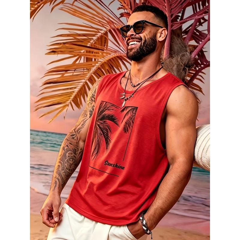 Summer Vacation Style Coconut Tree Sleeveless Vest Men S Casual Breathable Beach Sports S