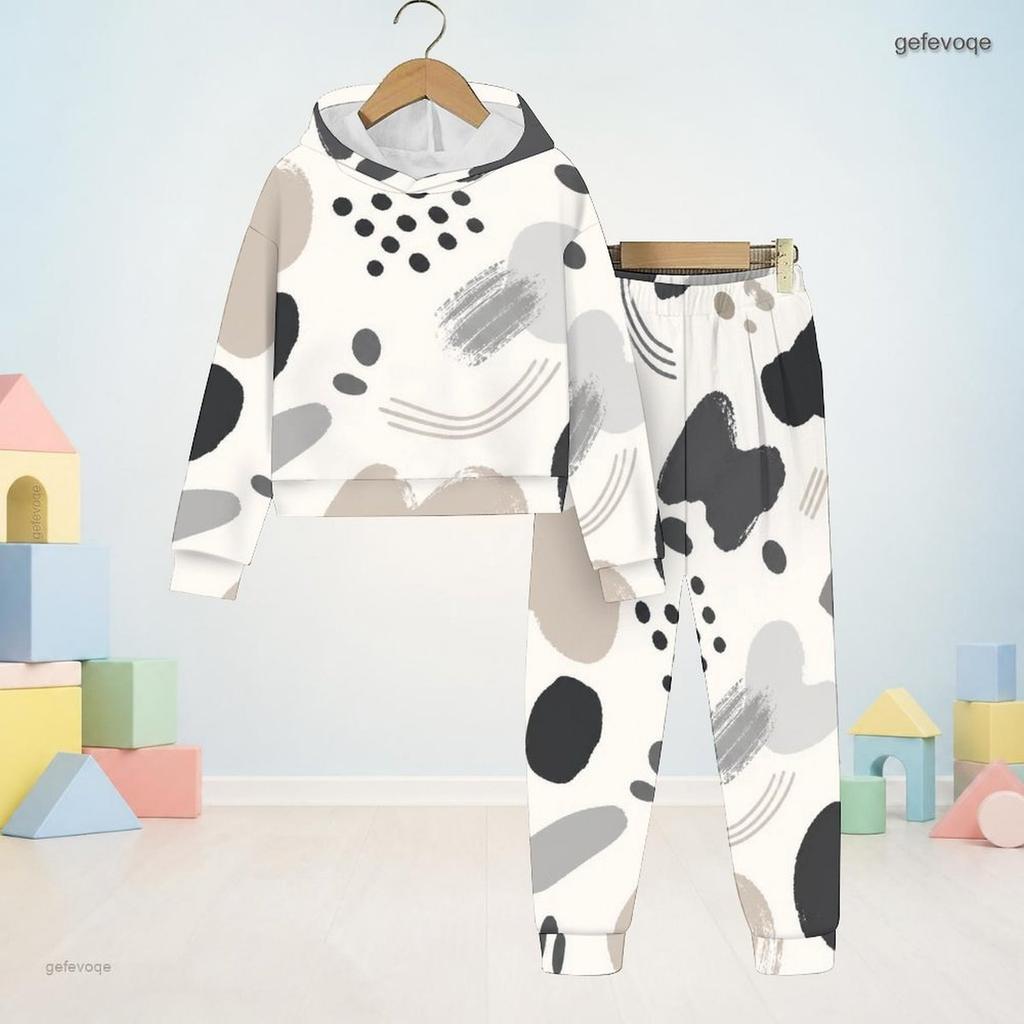 Boys Girls Abstract Printed Hooded Long Sleeve Sweatshirt And Cuffed Pants Two Piece Set