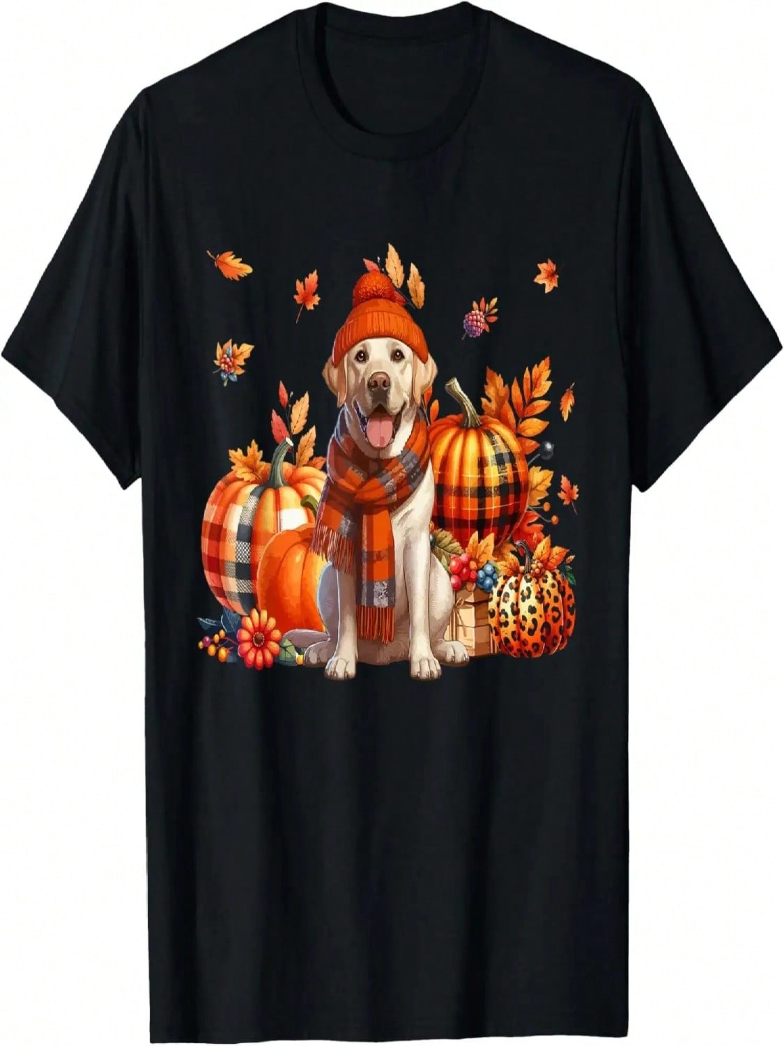 Labrador Retriever Thanksgiving Leopard Pumpkins Fall Leaves T-Shirt S разноцветный