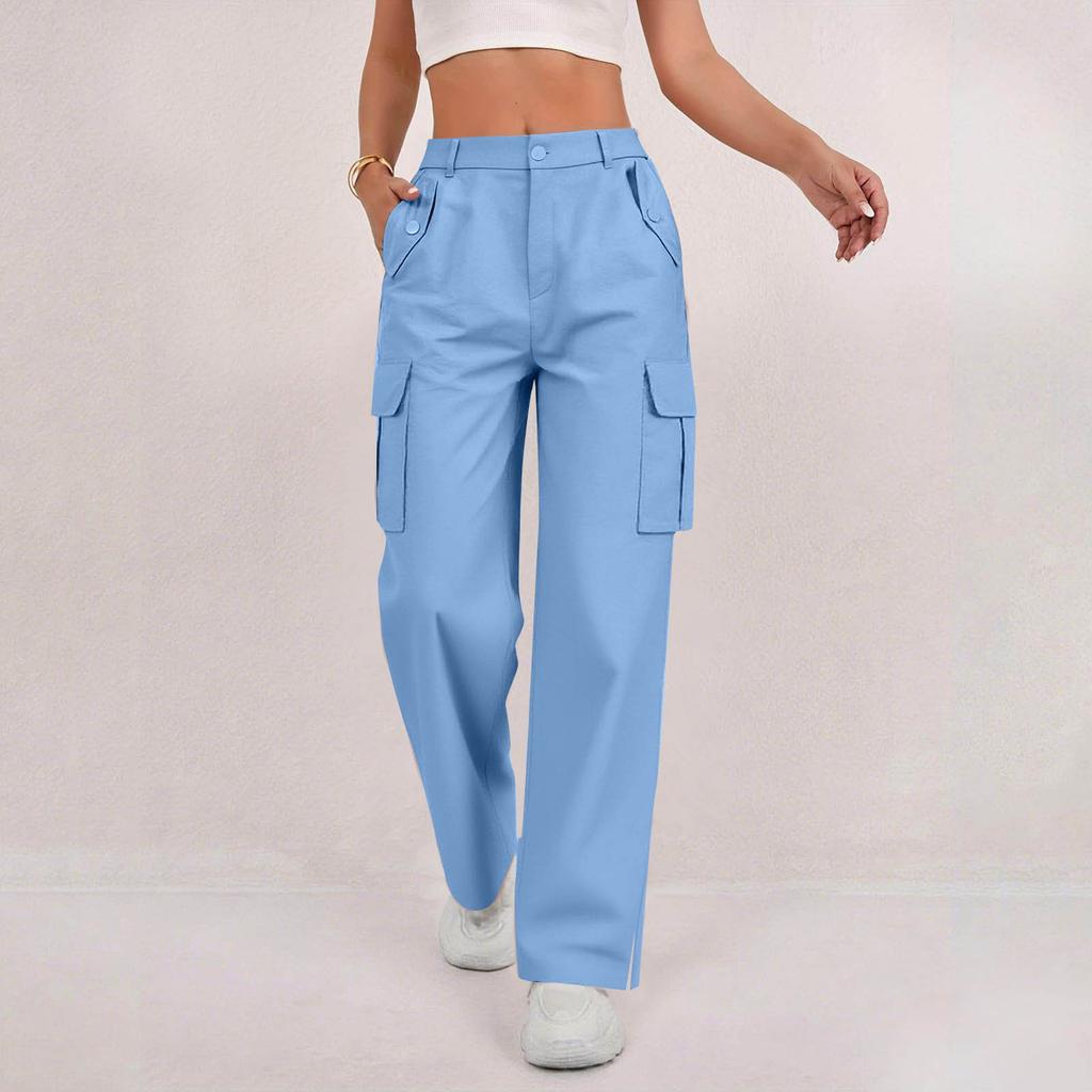 Women's Fashion Relaxed-Fit Pocket Straight-Leg Pants Sporty Wide-Leg Pants High-Waisted Casual Cropped Pants