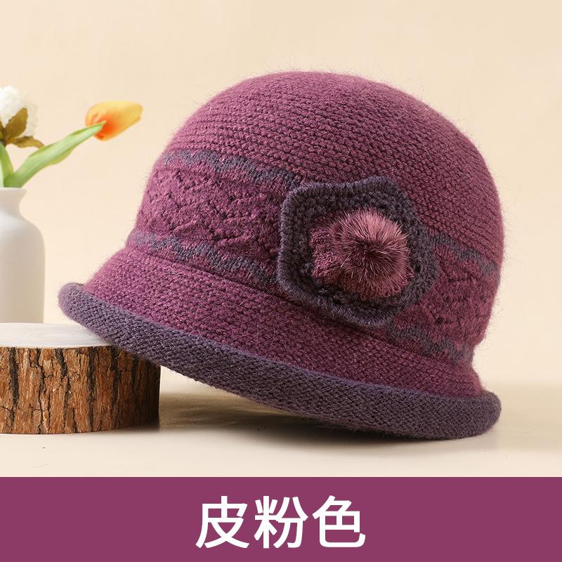 Wool Basin Hat Women's Autumn and Winter Rabbit Hair Blended Velvet Elegant Flower Mother Hat Elderly Warm Knitted Hat
