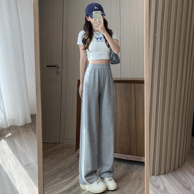 

Женские летние тонкие стильные спортивные штаны из ледяного шелка, модные повседневные свободные прямые широкие брюки в Корейском стиле, женские элегантные Y2K XL светло-серый