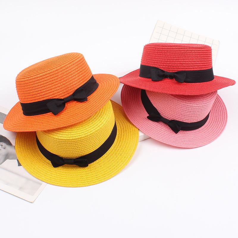 Korean Straw Hat - Retro Bow Flat Top Fedora for Spring & Summer Beach Days