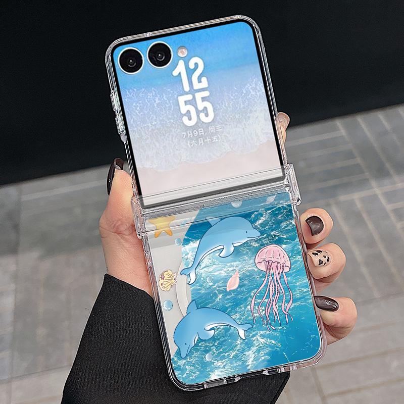 Starry Sea Dolphin Print Case For Samsung Z FlIP 7 FE 6 5 Magnetic Hinged Clear Hard PC Folding Phone Cover For Galaxy Z Flip7 Flip6 Flip5