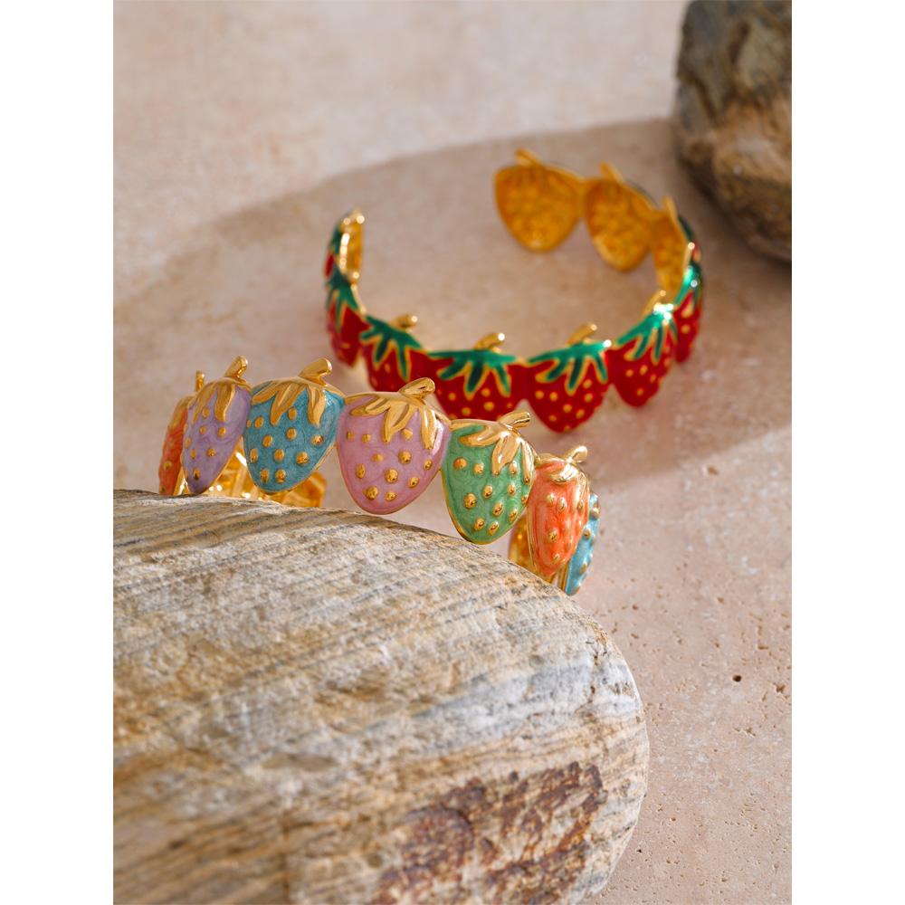 Eetit Red & Colorful Enamel Strawberry Sweet Open Cuff Bracelet Bangle Hot Style Stainless Steel Golden Wrist Fruit Jewelry