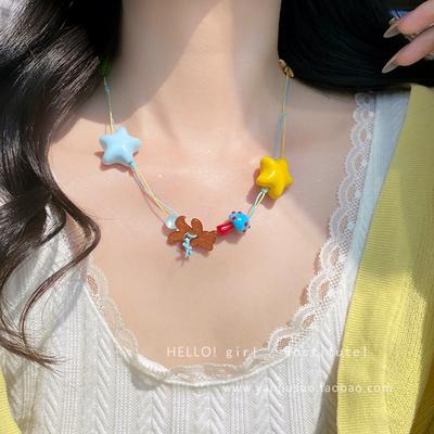 Acrylic Star Button Wood Chip Bear Pendant Necklace Niche Light Luxury Temperament Versatile High Sense Exquisite Necklace
