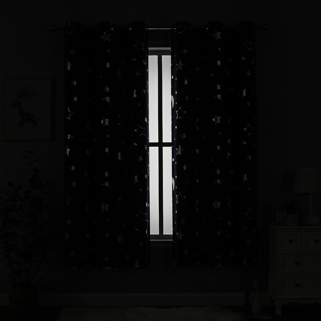 Room Darkening Curtains with Silver Star Moon for Boys Nursery Bedroom Blackout Kids Curtain Grommet Thermal Insulating Drapes