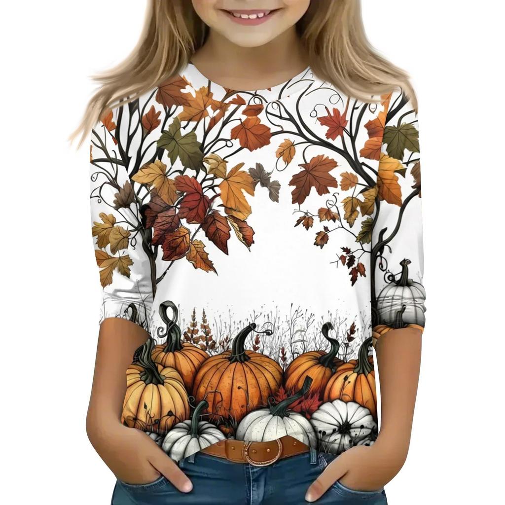 Kinder 3/4-Ärmel Tops Lässiges Halloween-Print T-Shirt Rundhals Pullover Bluse