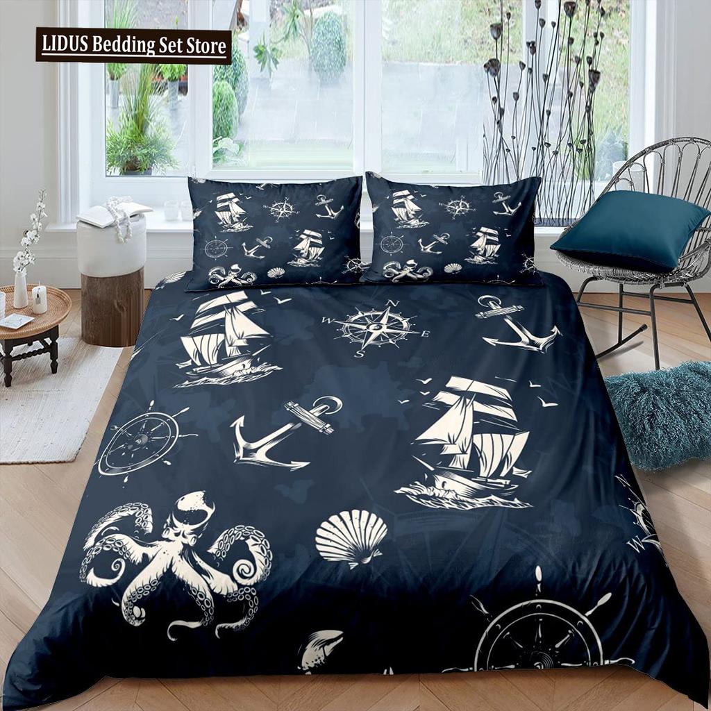 Nautical Duvet Cover Set Boat Pirate Bedding Set King Size Retro Sailboat Brown Comforter Cover Anchor Compass Vintage Quilt Set
