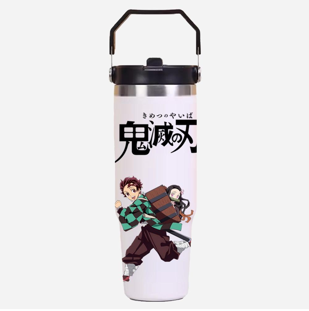 30oz Anime Demon Slayer Printed Simple Solid Color Stainless Steel Thermos Water Cup Thermal Insulation Cold Ice Cup Kid Gift
