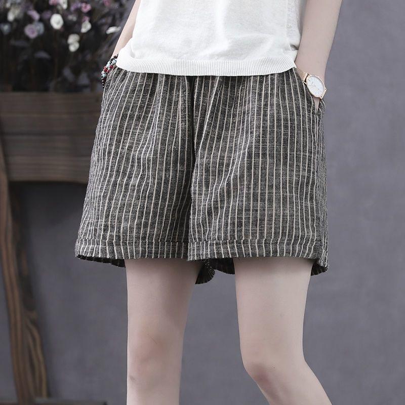 

Women s Summer Cotton Linen High Waist Loose Shorts, Plus Size, Korean Style Casual Wide Leg Pants M 40-45kg серый