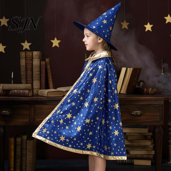 Mantello da Mago a Stelle per Bambini con Cappello per Ragazzi e Ragazze, Strega di Halloween Comodo Vestito Largo Costume di Scena Party Cosplay,