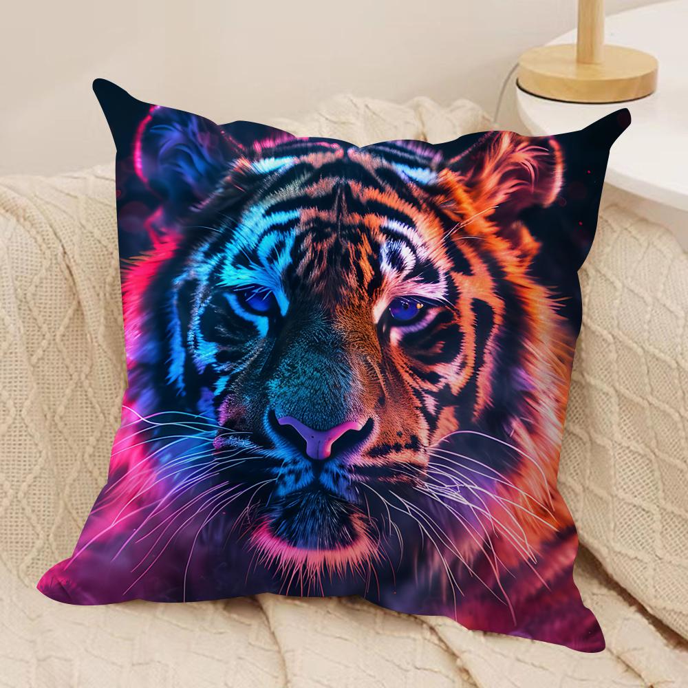 Tiger Animal Print Pattern Cushion Cover Silky Short Plush Invisible Zipper Dustproof Sofa Pillow Case For Home Decor