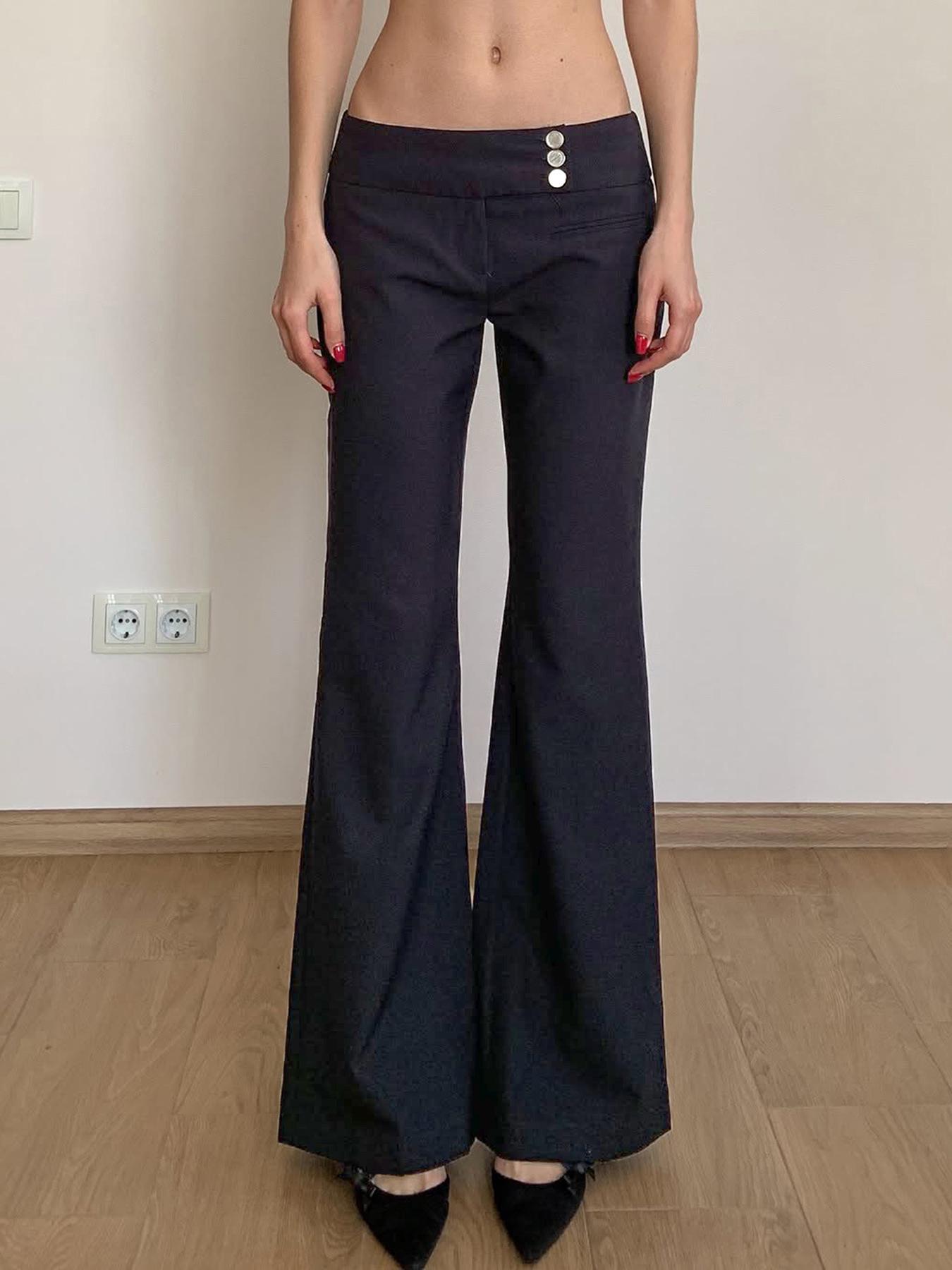 

Универсальные брюки микроклеш с низкой посадкой в стиле Y2K с боковым дизайном на пуговицах - однотонные, повседневные длинные брюки для женщин. Small чёрный