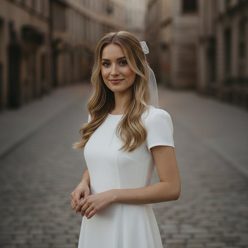 Kurzer Brautschleier im koreanischen Stil mit Spitze und Schleife