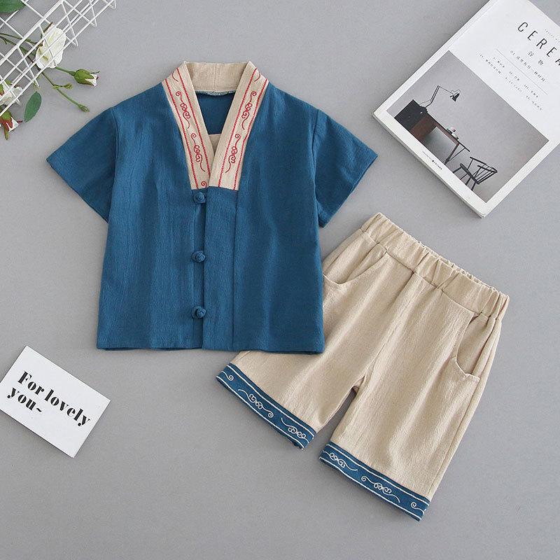 Hanbok pentru copii Costum Tang pentru băieți Stil chinezesc Costum de vară pentru copii cu mânecă scurtă din bumbac și in Stil retro Ming pentru copii